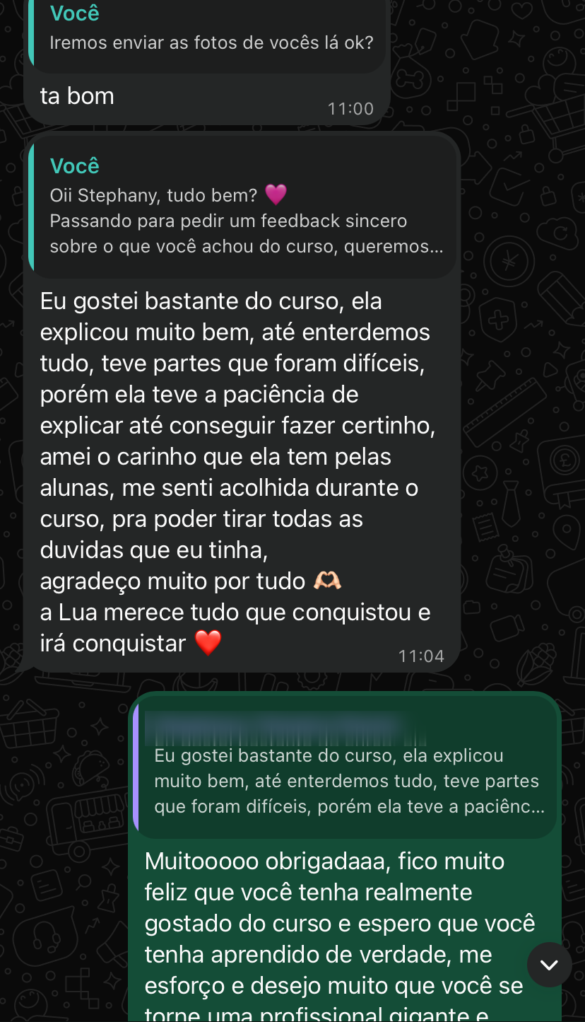 Print de conversa em que uma aluna diz que gostou bastante do curso e se sentiu acolhida